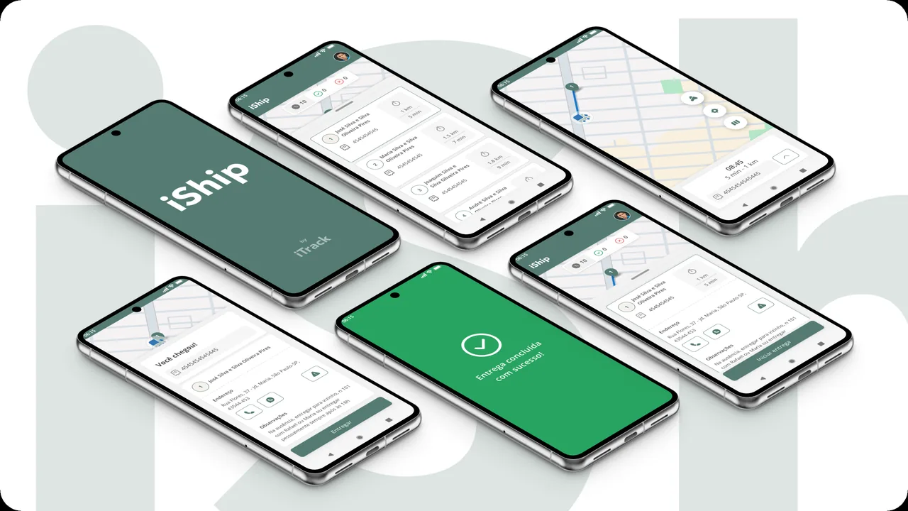 Montagem com seis telas do aplicativo do motorista do iShip, ecossistema que Rafael lidera tecnicamente: abertura do app, lista de paradas do dia, rota no mapa, detalhe da entrega com ações de contato e navegação, e a confirmação de entrega concluída.
